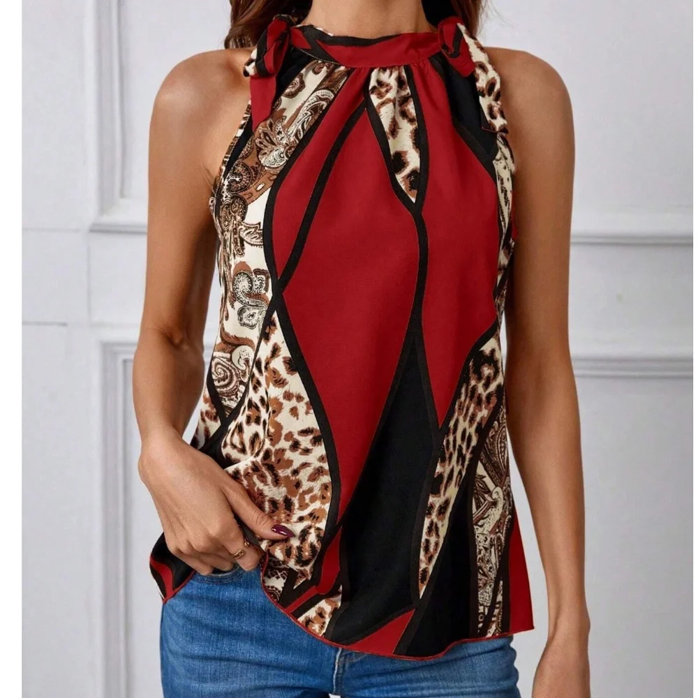 Leopard Print Color Block halter Neck Tie Tank Top - Picture 8 of 9